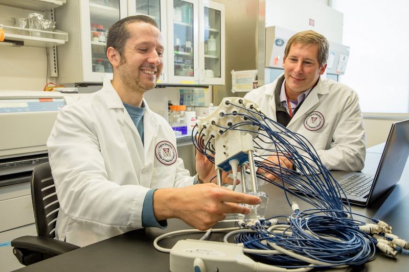 Eli Vlaisavljevich associate professor at the College of Engineering and Irving Coy Allen, associate professor of inflammatory diseases at the Virginia-Maryland College of Veterinary Medicine. Photo by Andrew Mann for Virginia Tech.