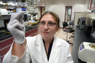 A woman in a lab coat holds a mosquito specimen in some tweezers.